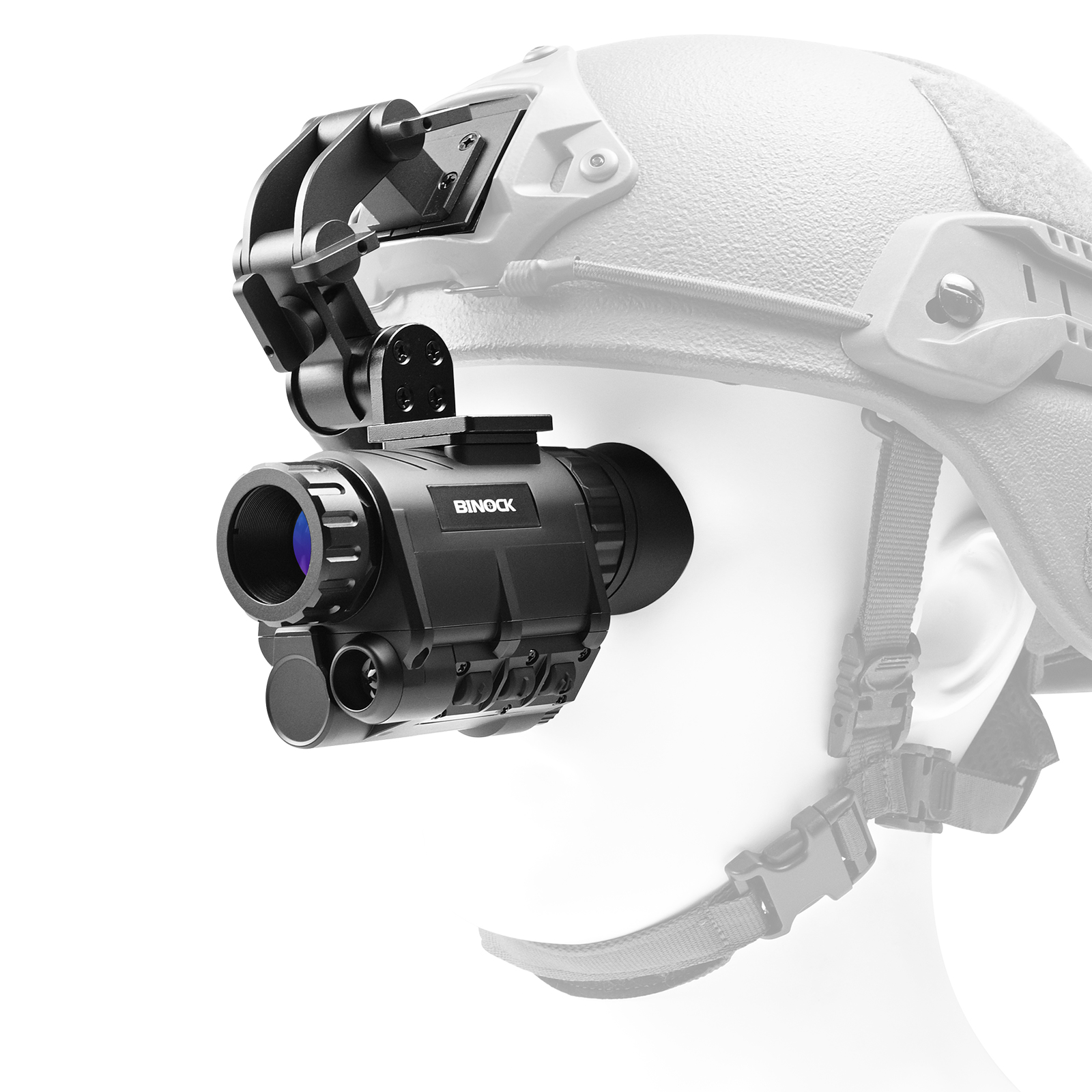 digital night vision monocular for hunting with helmet on a white background