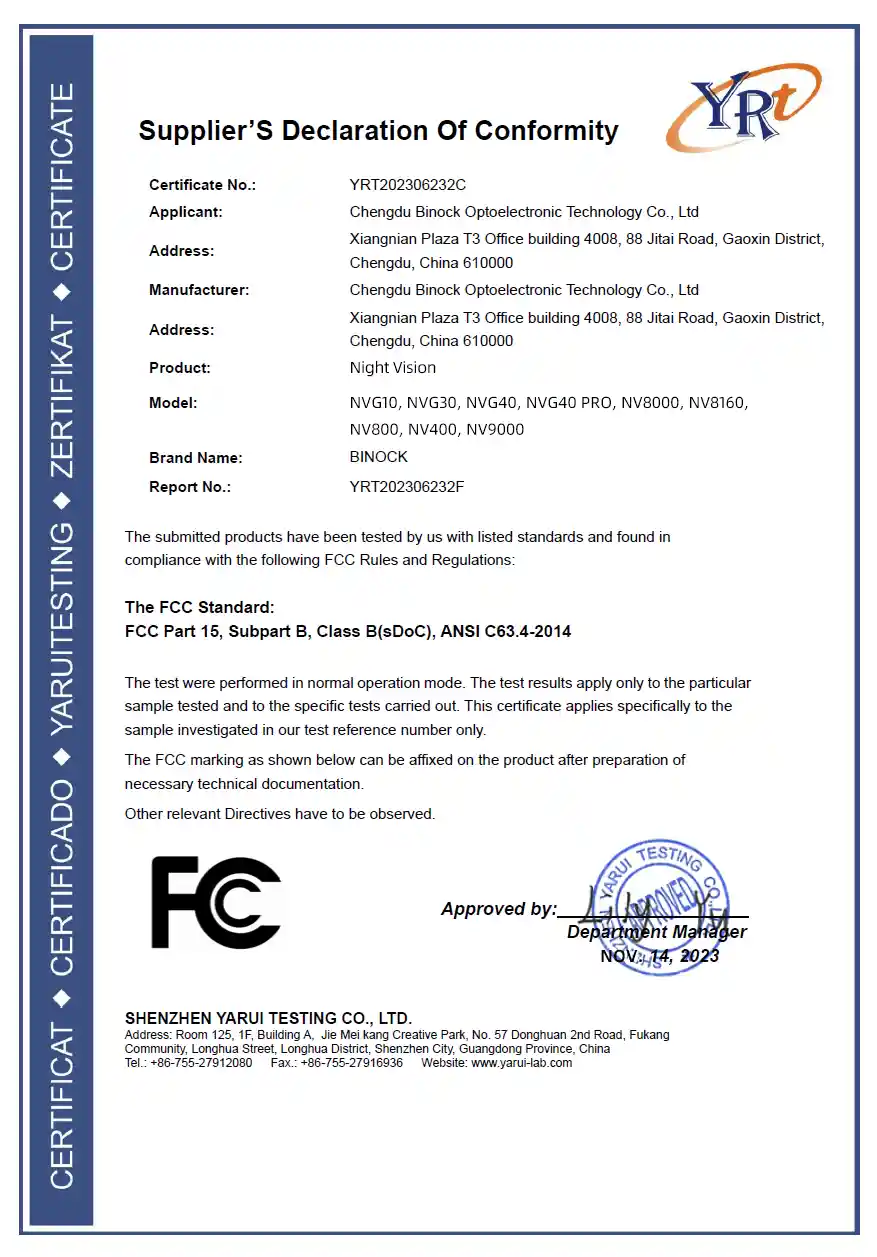 binock certification of night vision and telescope