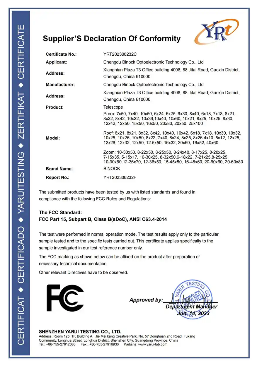 binock certification of night vision and telescope