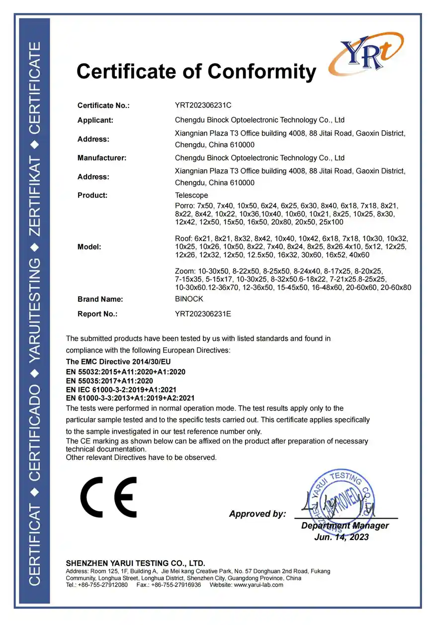 binock certification of night vision and telescope