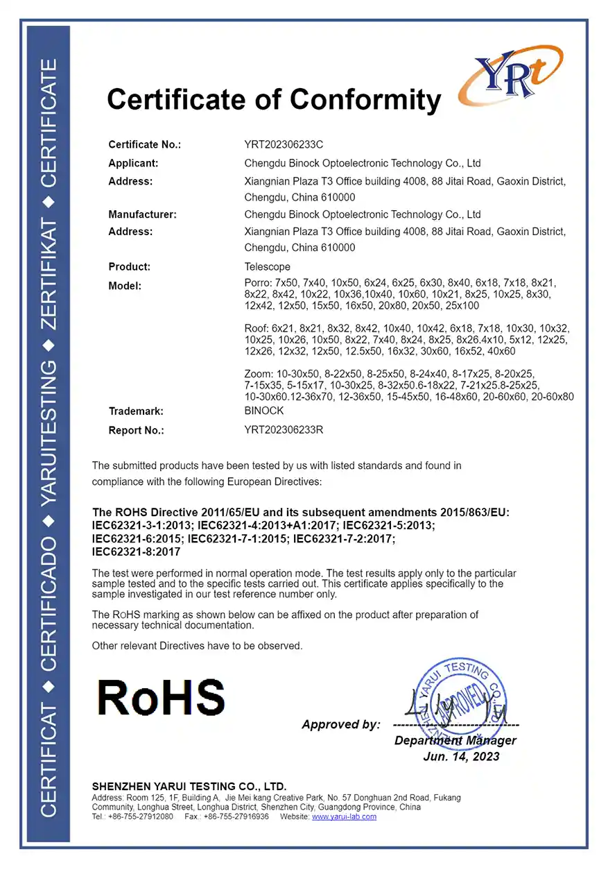 binock certification of night vision and telescope